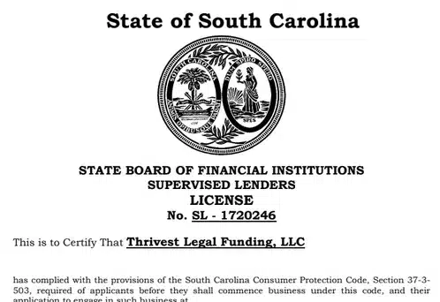 South Carolina legal funding license