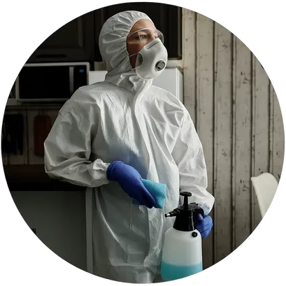 person in full protective gear during mold cleanup in residential home